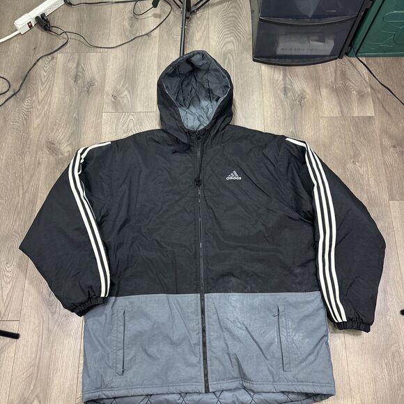 Vintage Adidas Black Gray Winter Hooded Oversized Quilted Jacket Mens Size XL - Picture 2 of 10